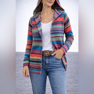 Rock & Roll Cowgirl Hooded Sweater L Colorful Stripe Western Boho Cardigan